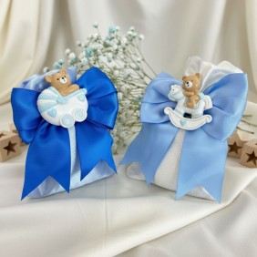 Bomboniera nascita bimbo sacchetto con orsetto pony e carrozzina