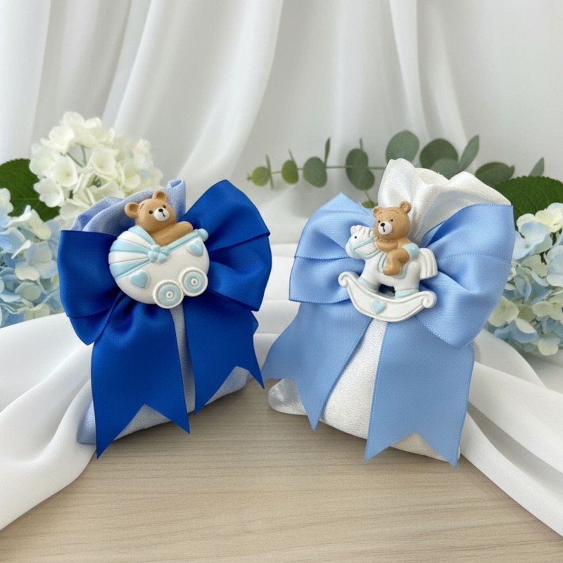 Bomboniera nascita bimbo sacchetto con orsetto pony e carrozzina