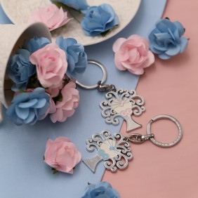 Bomboniere Nascita Bimbo Portachiavi Albero della Vita Metallo Cromato