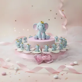 Elefantino Bimba Portachiavi con dettagli Rosa e Corona oro Torta Bomboniere