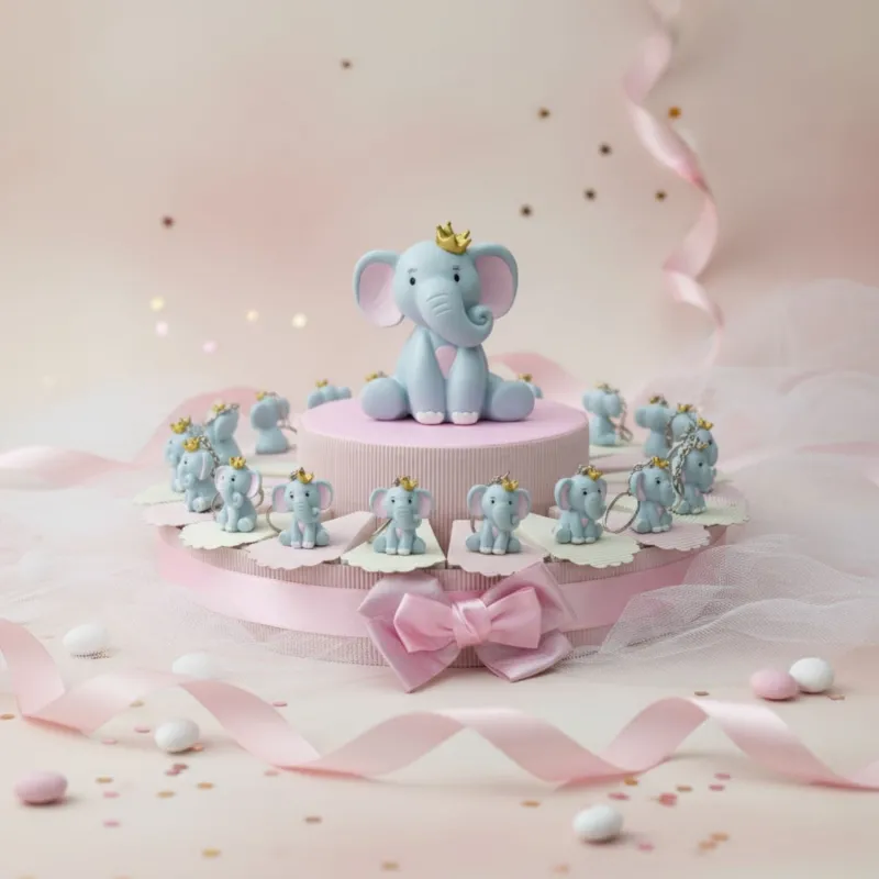 Elefantino Bimba Portachiavi con dettagli Rosa e Corona oro Torta Bomboniere
