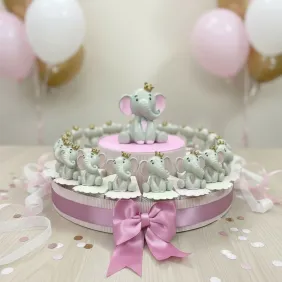 Elefantino con dettagli Rosa e Corona Statuina Torta Bomboniere