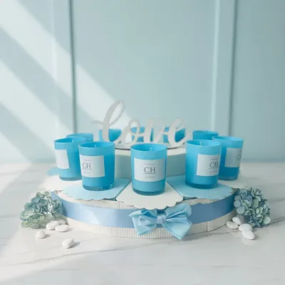 Bomboniera nascita e battesimo torta con Candela azzurra linea Charlotte