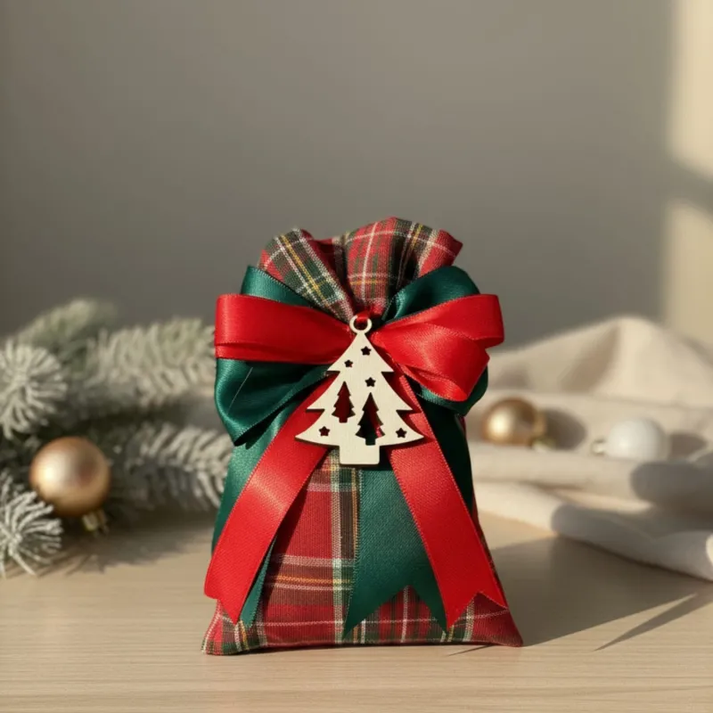Bomboniera natalizia scozzese con fiocco e ciondolo legno