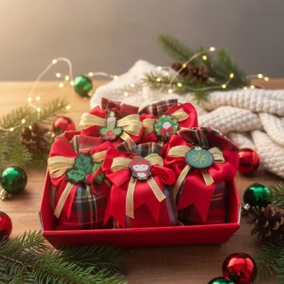 Sacchetto Bomboniera Natalizia con Confetti e Bigliettino – Tessuto Scozzese, Fiocco Rosso e Decorazione Natalizia