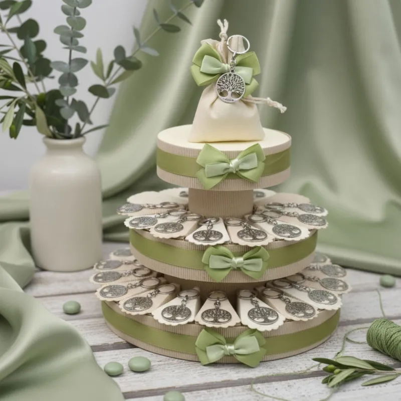 Bomboniere Portachiavi Albero della Vita Traforato Su Torta con Confetti
