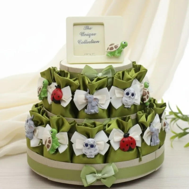 Bomboniere Comunione Amici Animali Portafortuna su Torta 25 Sacchetti in Raso