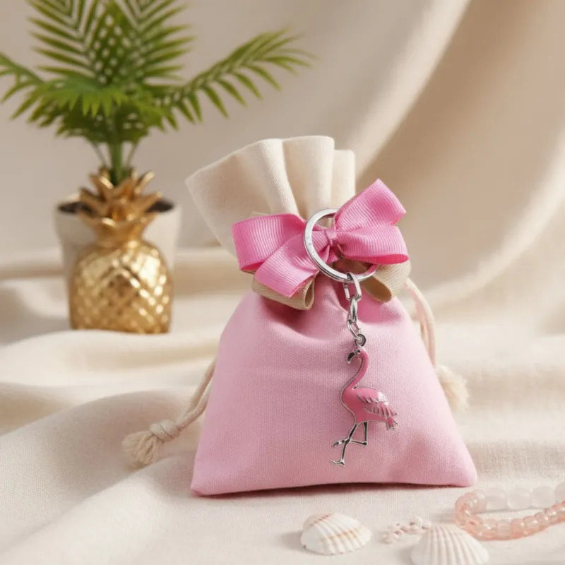 Portachiave Fenicottero Rosa Bomboniere Sacchetto con Confetti