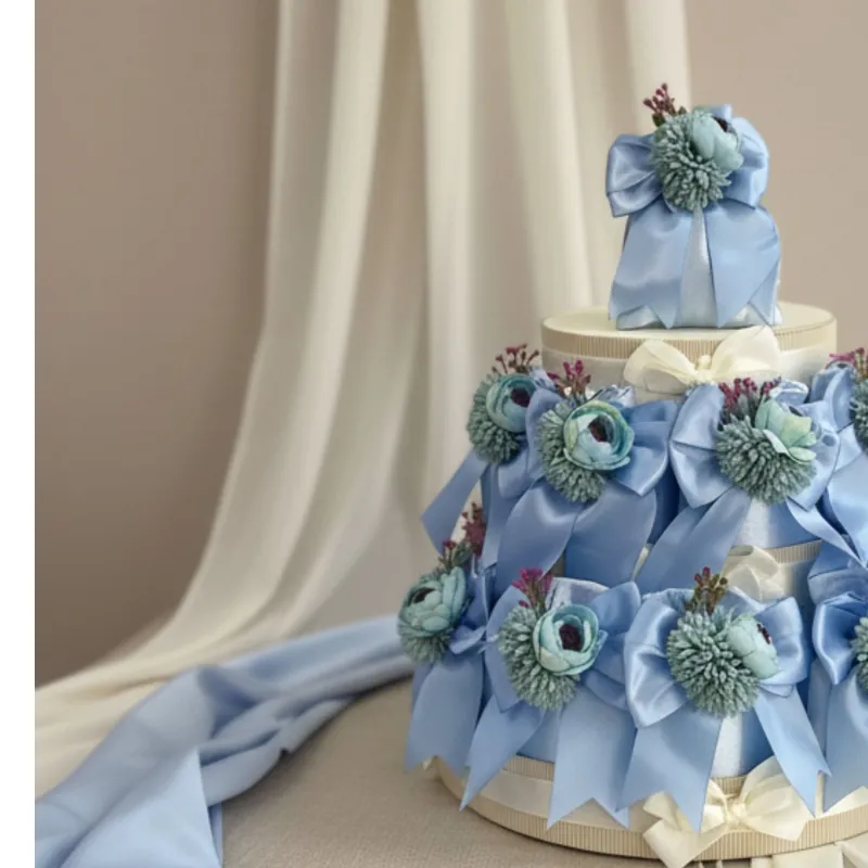 Bomboniera Sacchetto Elegante Azzurro con Fiocco e Fiori – Confetti Inclusi e Bigliettino Personalizzabile