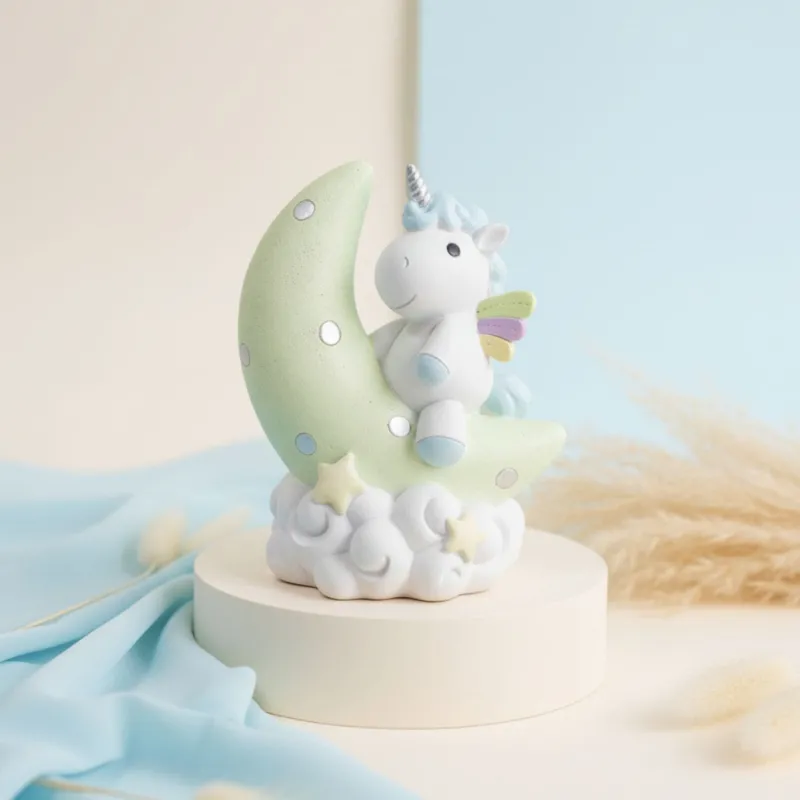 Salvadanaio Unicorno Moon in resina - bomboniera battesimo bimbo