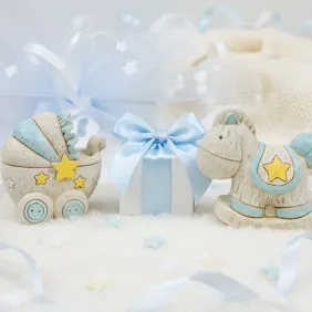 Bomboniera Salvadanaio pony e carrozzina bimbo in scatola da cerimonia - collezione NinnaNanna