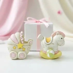 Bomboniera Salvadanaio pony e carrozzina bimba in scatola da cerimonia - collezione NinnaNanna