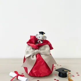 Bomboniera Laurea Sacchetto maxi in Raso Rosso con Animaletti Laureandi Assortiti (Gufo, Coccinella, Elefante, Tartaruga)