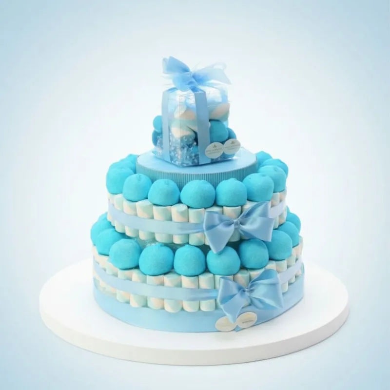 Torta Marshmallow Nascita Battesimo Caramelle per Bimbo 2 piani