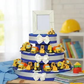 Bomboniere Comunione bambino gru ed escavatore Statuine su torta