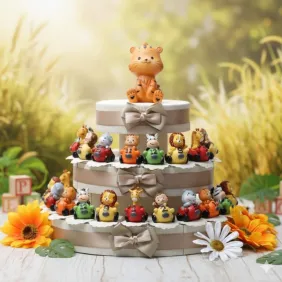 Baby Savana Go Kart Bomboniere Battesimo e compleanno un anno Torta Animaletti Statuine