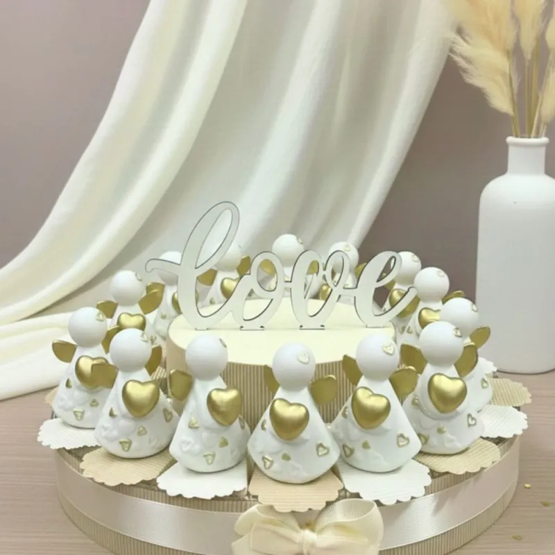 Torta Bomboniere Angioletti Panna e Oro con Cuore - Battesimo & Comunione