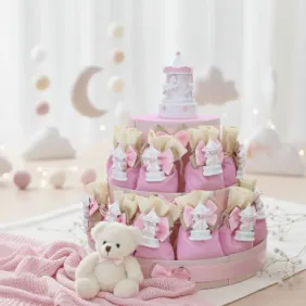 Carillon Rosa Bimba Bomboniere Battesimo Confezionate Torta 25 Sacchetti Calamite