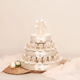 Torta con Albero della Vita Statuina Heart. Bomboniera albero della vita colori neutri