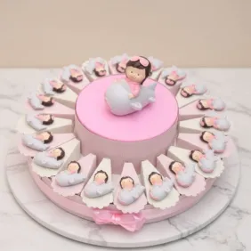 Calamita Bimba Viaggiatrice su Aereo Torta Bomboniere. Bomboniere battesimo e nascita bimba tema viaggio rosa