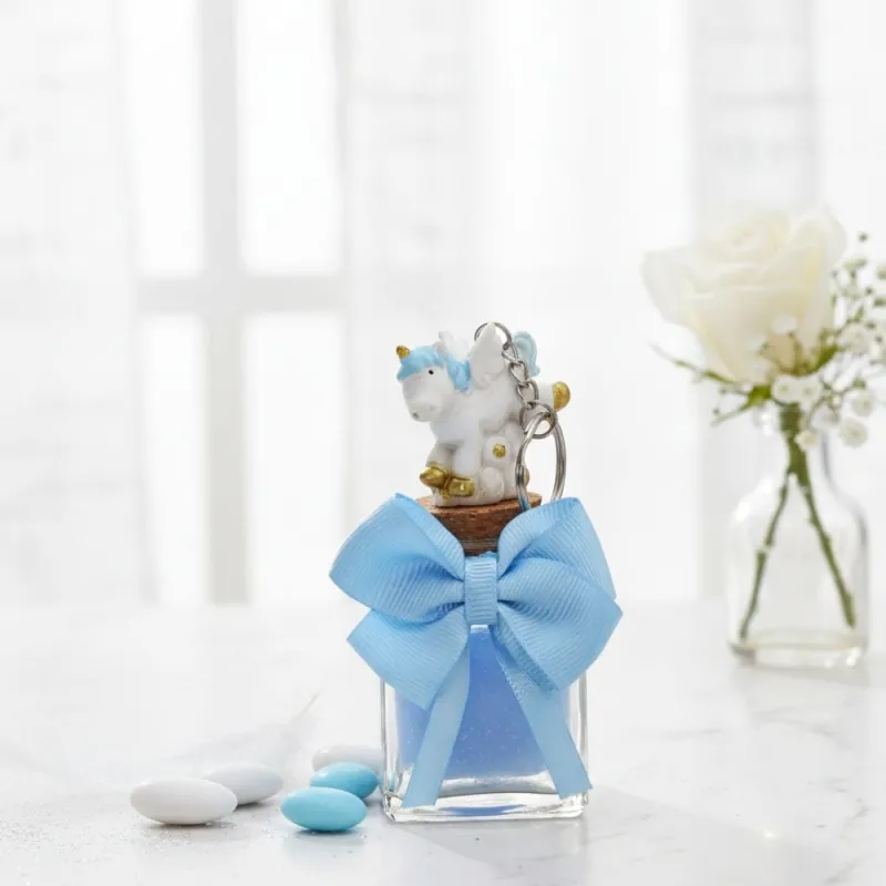 Portachiave Unicorno Bimbo "Fantasy" su Vasetto con confetti  bigliettino Bomboniere tema unicorno