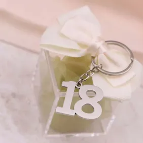 Bomboniera diciottesimo ragazzo e ragazza. Portachiavi su plexiglass con confetti e bigliettino